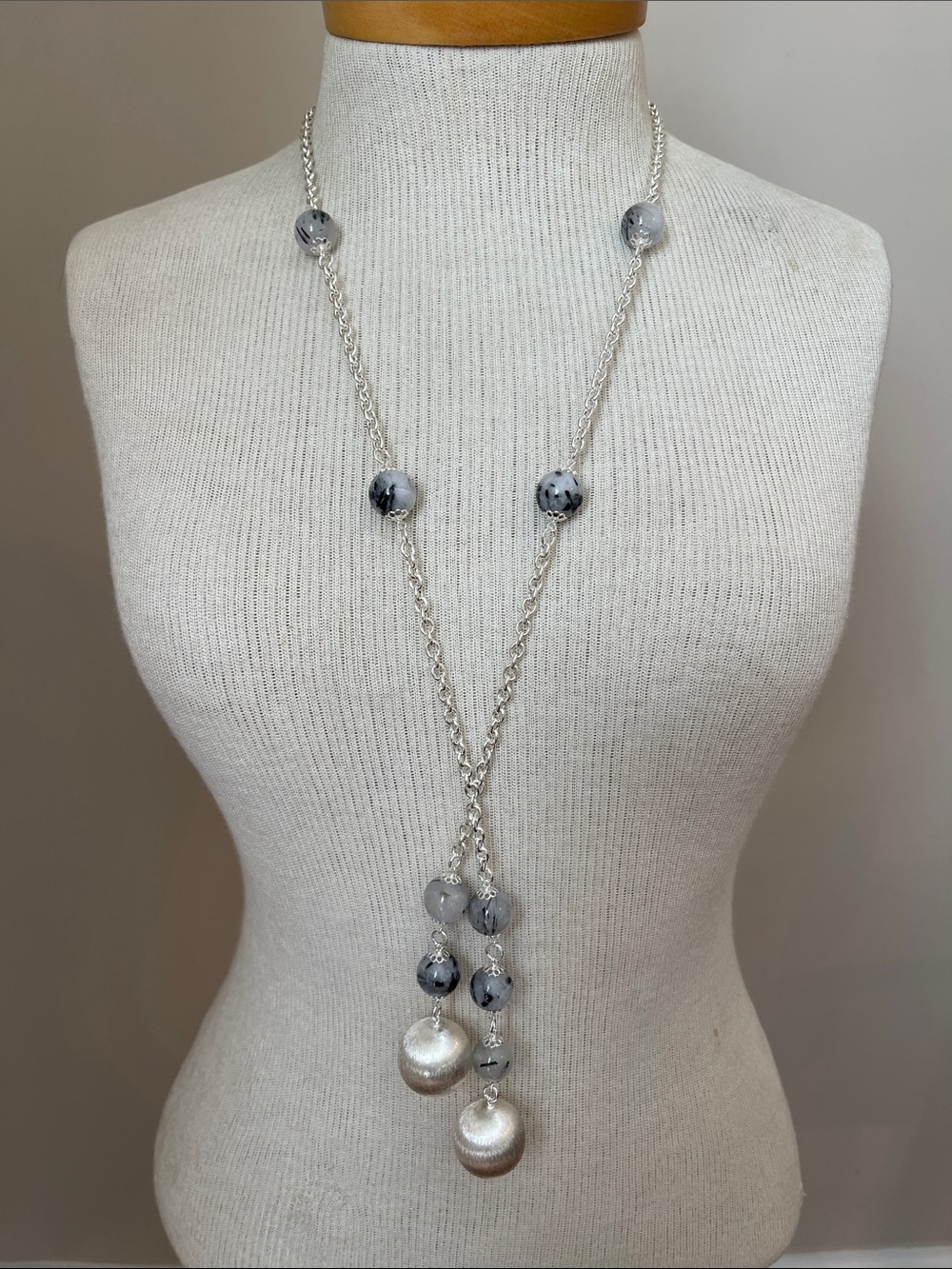 Paola Valentini Long Sterling Silver & Routilated Quartz Statement Necklace